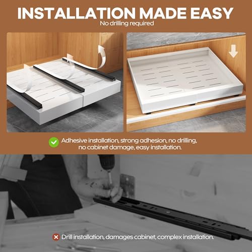 2 Pack Expandable Pull Out Cabinet Organizer 21"Deep With Raising Pad for Framed Cabinets,Upgrade 3 Slide Rails Slide Out Drawers,Roll Out Shelves Adhesive,Adjustable Width 15.15"-26.3" White