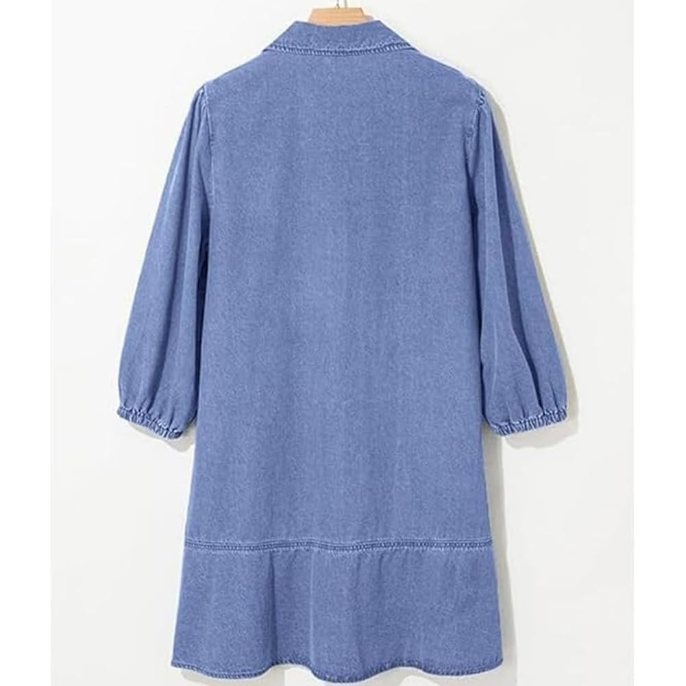 Generisch Vestido vaquero para mujer, con cuello en V, manga abombada, con bolsillos, vestido vaquero de verano con cuello en V, camisa holgada