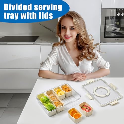 Image of Divided Fridge Storage Boxes With Serving Veggie Tray with Lid and Handle, Fridge Organizer with Removable Compartment, Fridge Storage Containers (6 Compartment-)
