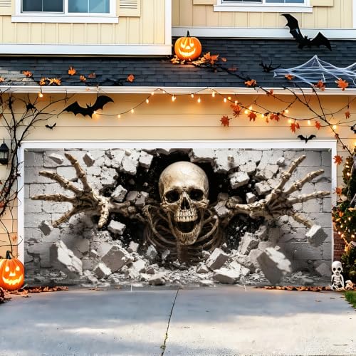 Image of Halloween Garage Door Decorations 6 x 13 ft, Skeleton Wall Cover