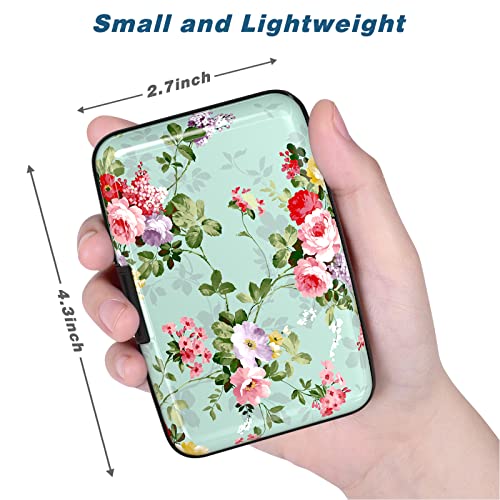 Image of Credit Card Holder, Mini Aluminum Card Wallet RFID Blocking Slim Metal Hard Card Case for Women Men, Green Flowers