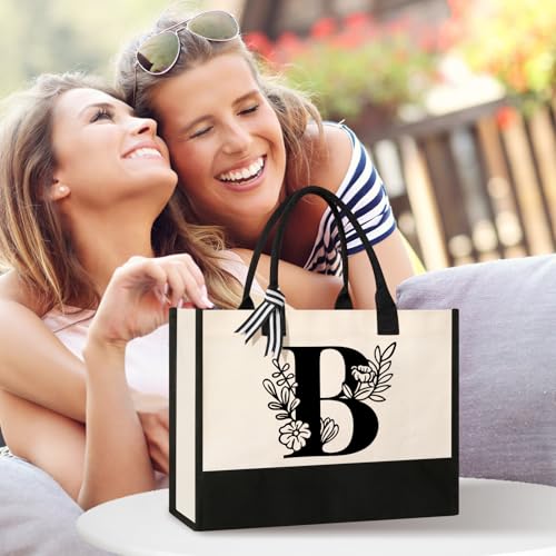Image of Personalized Initial Canvas Tote Bag, Suitable for Birthday, Wedding, Beach, Holiday, Gifts for Women, Mom, Teachers, Nurses, Best Friends, Bridesmaids (B)