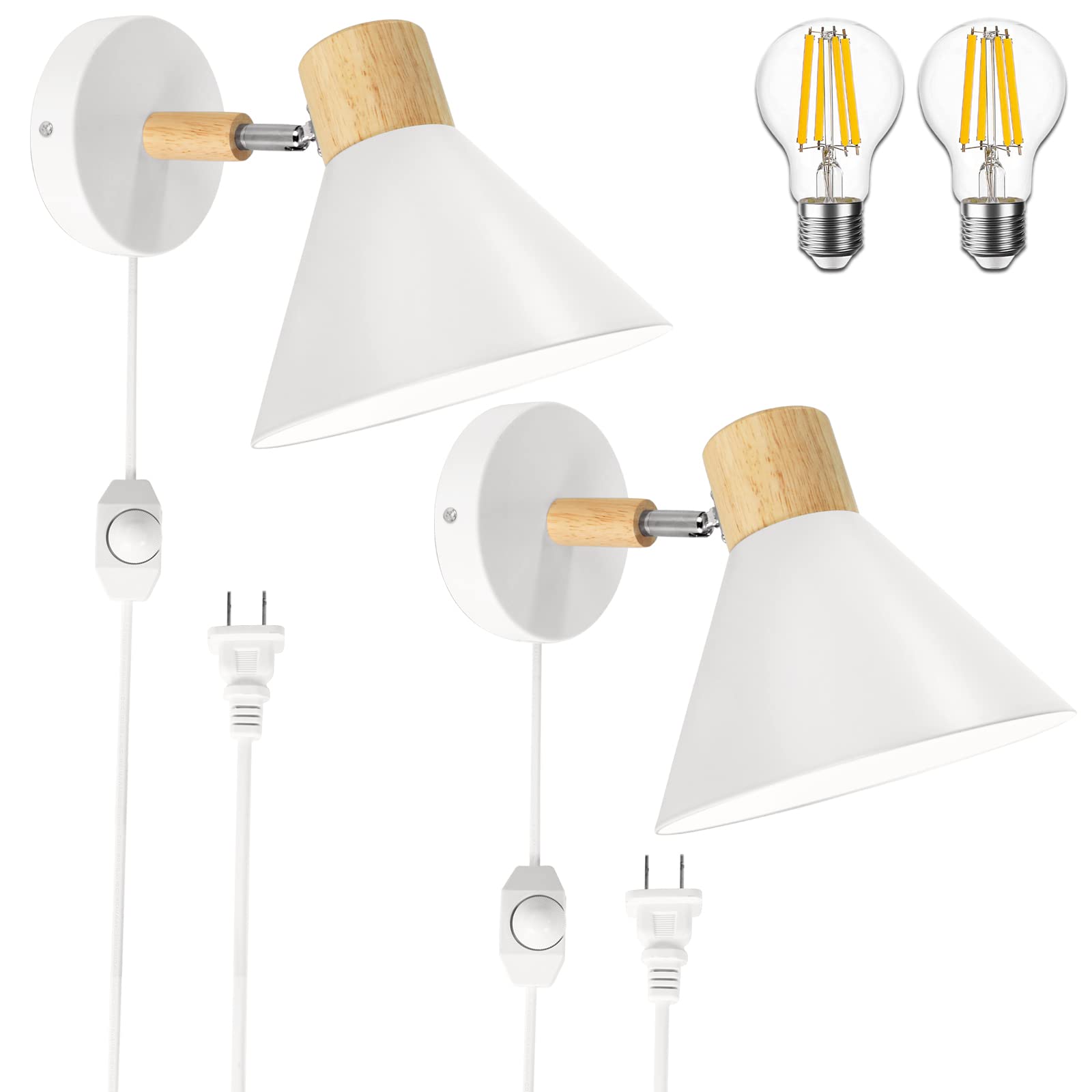 CMTDRE Plug in Wall Sconces, White Dimmable Wall Sconces Adjustable Angle Wall Lights with Plug in Cord and Dimmer Rotary Switch, Wall Mounted Light for Bedroom Bedside Stairway(2pcs Bulbs Included)