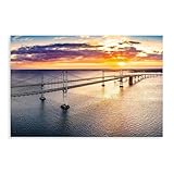 Chesapeake Bay Bridge Sunset Aerial Canvas Wall Art – Annapolis Maryland Panorama Print, Scenic Bridge Landscape Décor Poster Canvas Artwork Prints Rustic Farmhouse Decorations for Living Room Bathroo