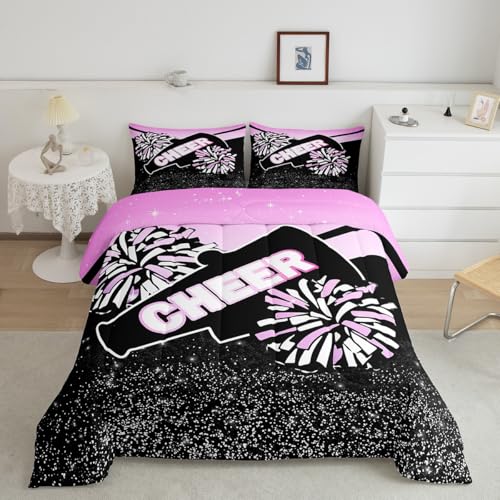 Image of Feelyou Glitter Pink Purple Cheer Comforter Set Toddler Size Dreamy Girly Gymnastic Sports Comforter for Kids Boys Girls Gymnastics Lovers Bedding Set Cheer Sports Duvet Set Room Decor Quilt
