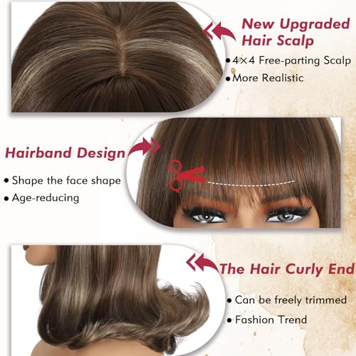 LEOSA Short Straight Bob Wig with Bangs 4x4 Realistic Scalp Blonde Mixed Brown Shoulder Length Wavy Free Parting Scalp 14 Inch Layered Flipped Ends Medium Synthetic Hair for Women — view 3