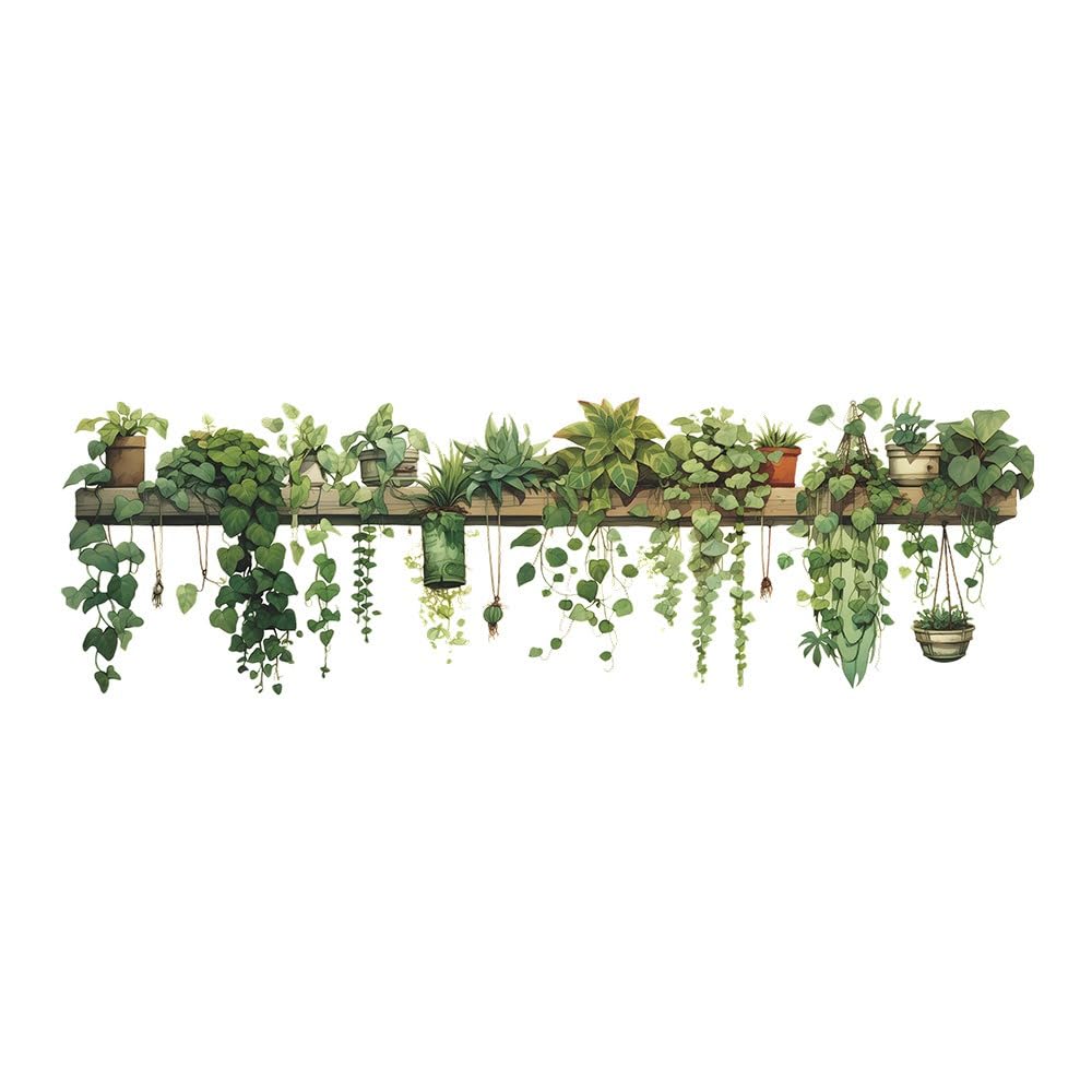 PVC Green Dill Leaves Hanging Basket Wall Stickers 27x88cm Green Plant Decals for Bedroom and Living Room Decor