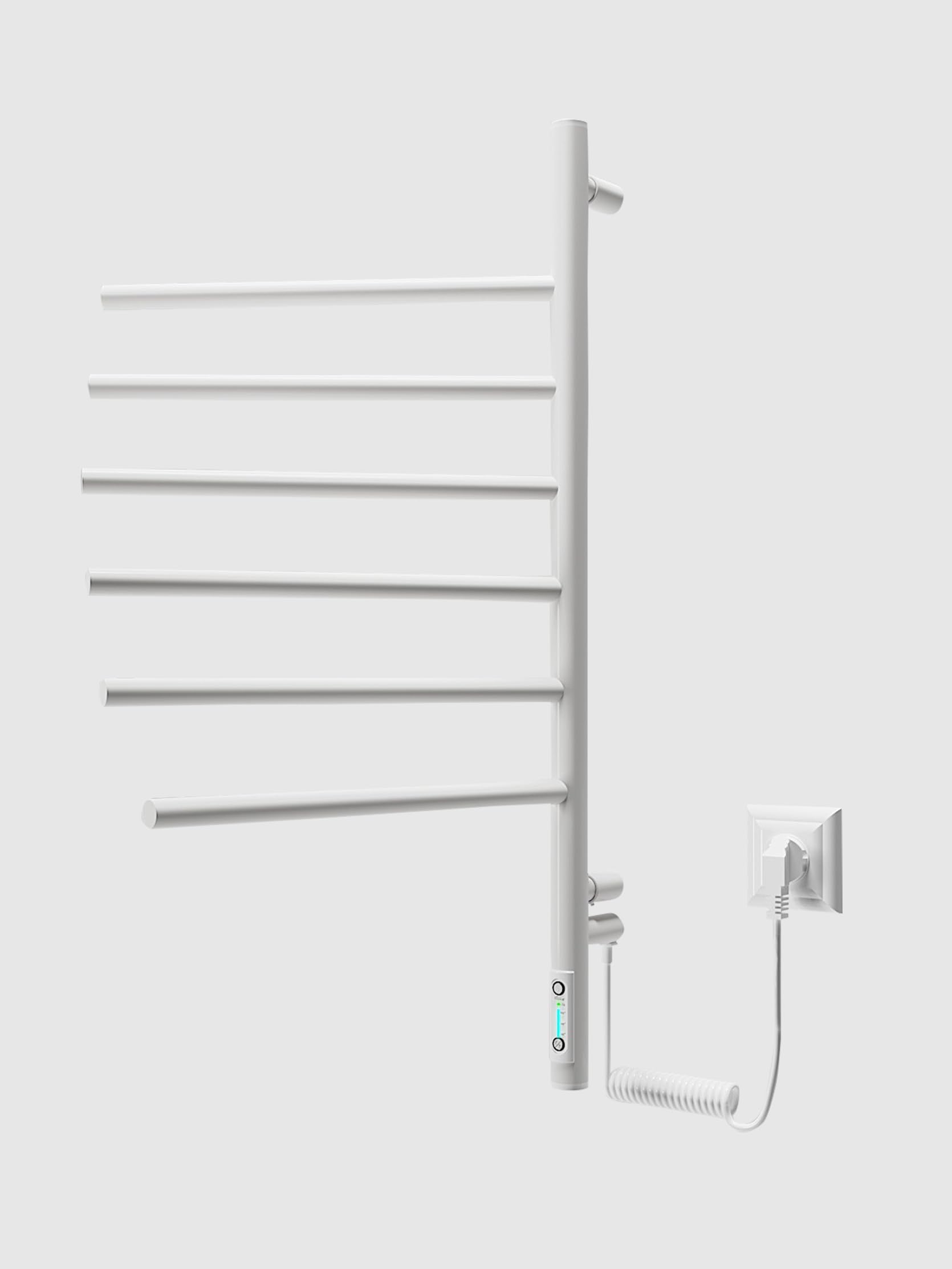Biały Grzejnik Elektryczny 79x40 cm – Wieszak na Ręczniki Elna 78W z Timerem i Termostatem – 6 Obrotowych Ramion – IP44 – Styl do Każdej Łazienki