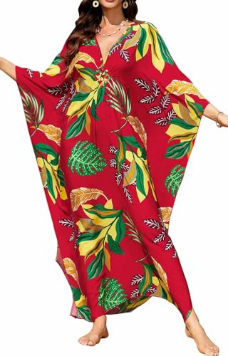 Orshoy Damen Kaftan Sommerkleid Langes Strandkleid Loose Bikini Cover Ups Maxikleid Strandponcho Nachtwäsche V Ausschnitt Nachthemd Rote Blume