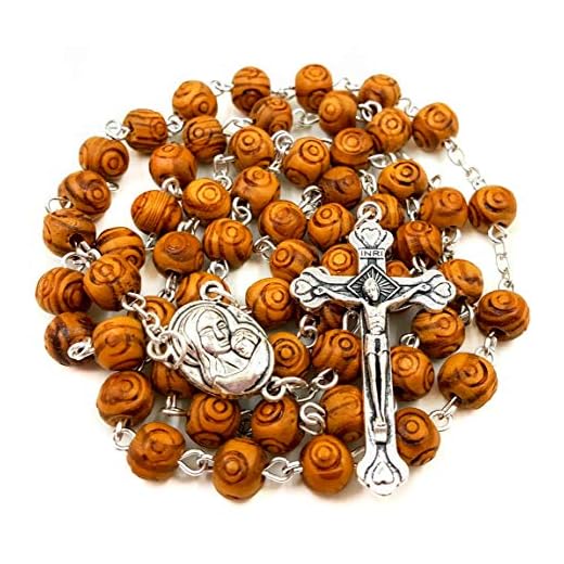 Nazareth Market Store Madera de Olivo Tallada Cuentas oración Rosario católico Collar Suelo Santo Medalla y Cruz de Metal