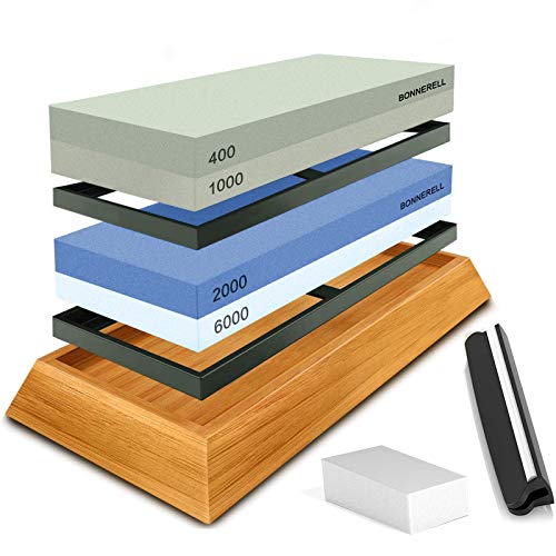 Whetstone, Professional Knife Sharpening Stone 4 Side Grit 400/1000 2000/6000 Water Stone, Non-slip Bamboo Base, Flatting Stone, Angle Guide