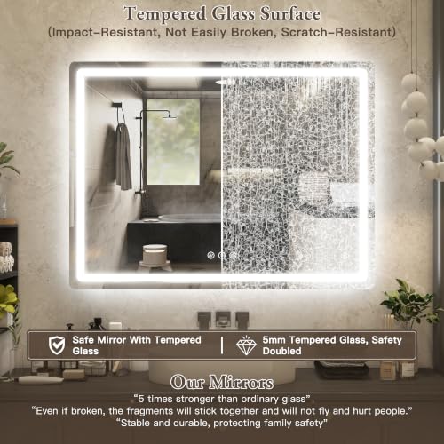 Image of 48 inch x 36 inch Led Bathroom Mirror with Lights, Anti-Fog & Tri-Color Lighting - Wall Mounted Shaving Mirror with Touch Sensor, Waterproof & Smart LED Vanity Mirror,Tempered Glass, Dimmable Smart Mirror