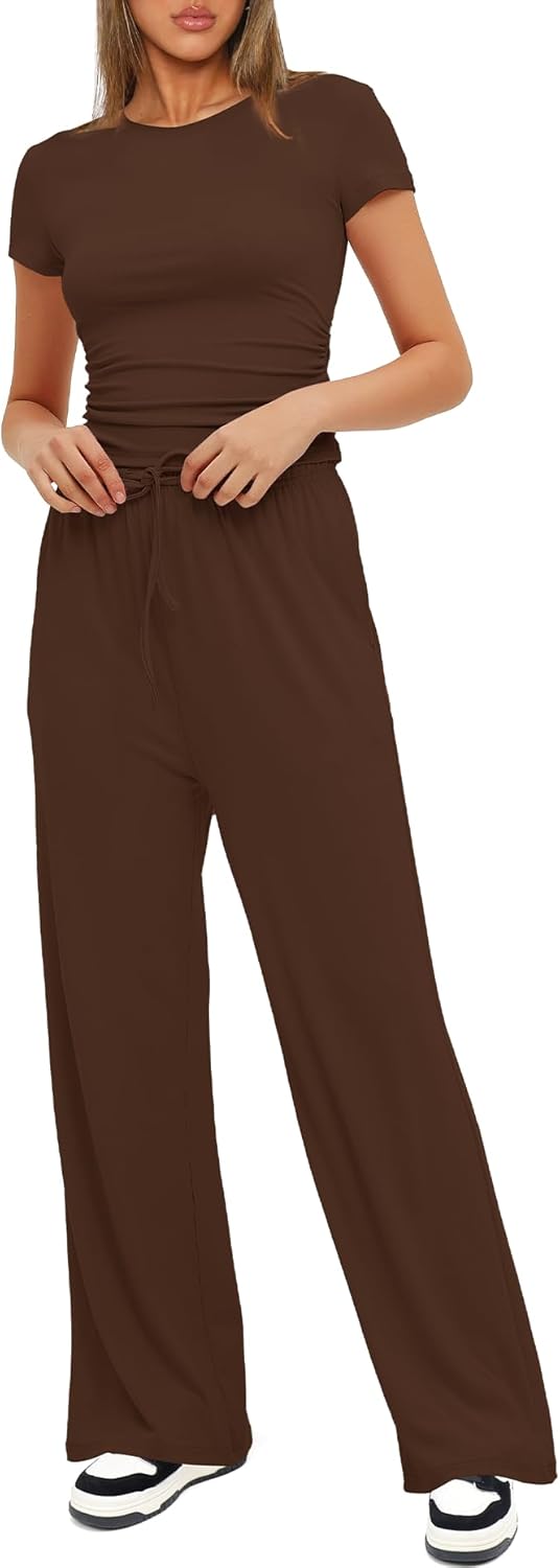 Darong Women's 2 Piece Set Outfits Lounge Sets Ruched Short Sleeve Tops High Waisted Wide Leg Pants Tracksuit Sets - Image 4