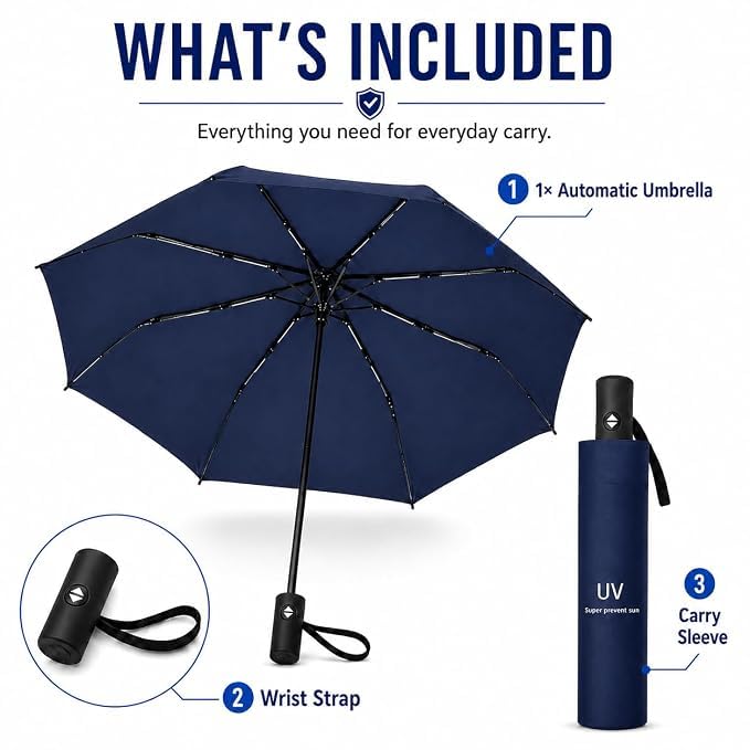 Image of Auto Open Umbrella with Carabiner Hook Handle - 3 Fold Compact Travel Umbrella for Men & Women | Double Fibreglass Wind Resistant Frame | UV Coated Sun & Rain Protection