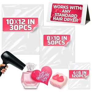 200Pcs Heat Shrink Wrap Bags – 3 Sizes 4×6″ (120) 8×10″ (50) 10×12″ (30) Clear PVC Plastic – Compatible with Any Heat Gun or Hair Dryer at Medium Temperature – Great for Wrapping DIY Crafts and Gifts