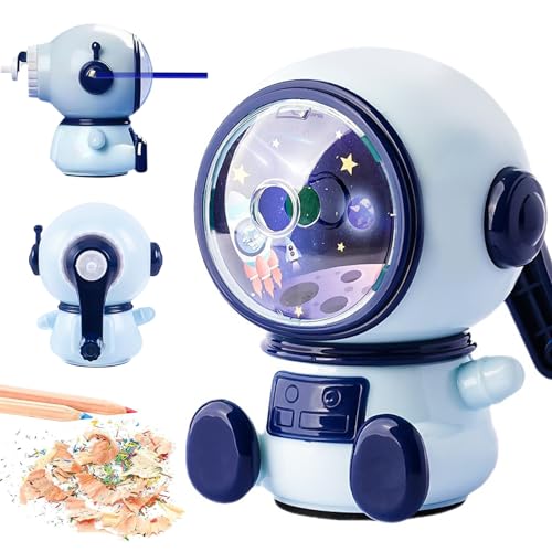 宇宙飛行士の漫画鉛筆削り、クランクと容器付き鉛筆削り、手動鉛筆削り、調節可能な鉛筆削り、子供、オフィス、教室用(3段階調整可能)