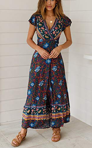 Image of R.Vivimos Women's Summer Short Sleeve Floral Print Bohemian Beach Waist Tie Wrap Long Flowy Dress with Slit