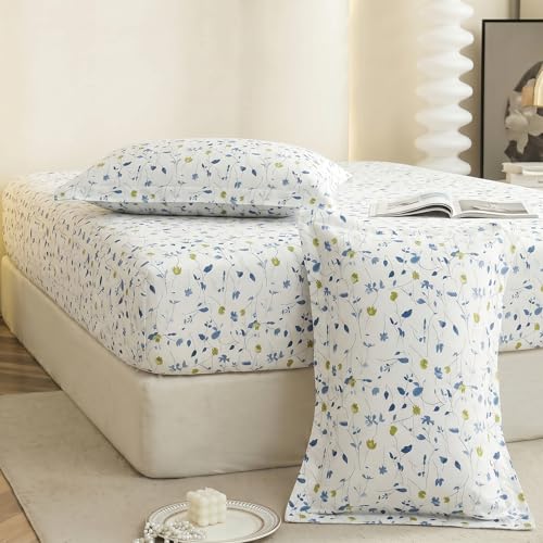 Image of IVAZA Ezyption Cotton Super Soft 240 TC Elastic Fitted All Around Elastic Printed King Size Double Bed Bedsheet with 2 Pillow Cover 72 inch X 78 inch3 Blue & White