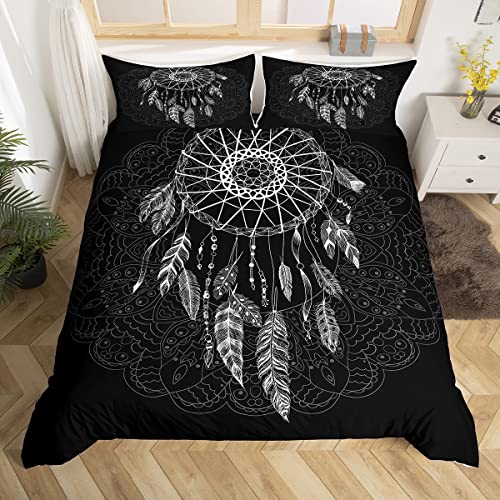 Homemissing Housse de Couette Attrape Rêves Blanc Parure de lit bohème Mandala Noir Femmes Hommes Moderne géométrique Housse de Couette Ensemble Boho...