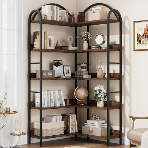 GarveeHome Corner Bookshelf Arched Bookcase, L Shaped Bookshelf Industrial Corner Shelf, Large Bookshelf With Metal Frame, Etagere Shelf Corner Display Rack for Living Room Bedroom