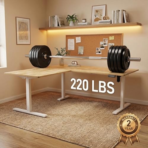 Image of Grandder 63 x 55 Inch L Shaped Standing Desk, Electric Height Adjustable Corner Stand Up Desk, Sit Stand Corner Table Home Office Table, Oak Top White Frame