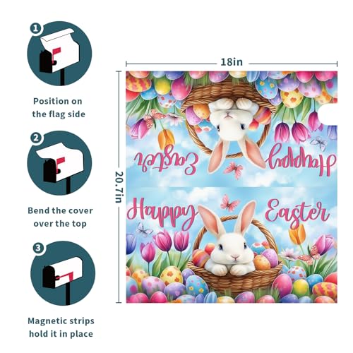 Image of Spring Easter Mailbox Covers Easter Bunny Eggs Mailbox Cover Magnetic Standard Size 21 inchx18 inch Happy Easter Mailbox Wrap Spring Floral Tulips Post Letter Box Cover for Home Outdoor Garden Mailbox Decor