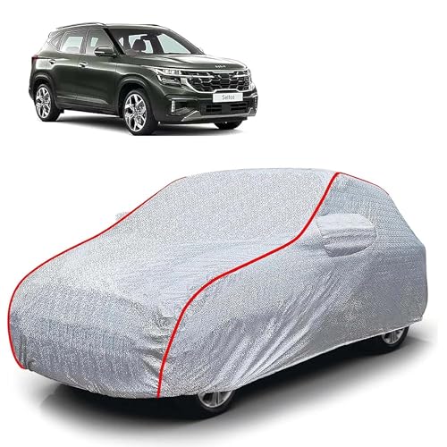 Image of Sulfar 100% Waterproof Car Body Cover Compatible with Mirror for Kia Seltos (Triple Stitched, Full Bottom Elastic, Magic Silver with Red Piping)
