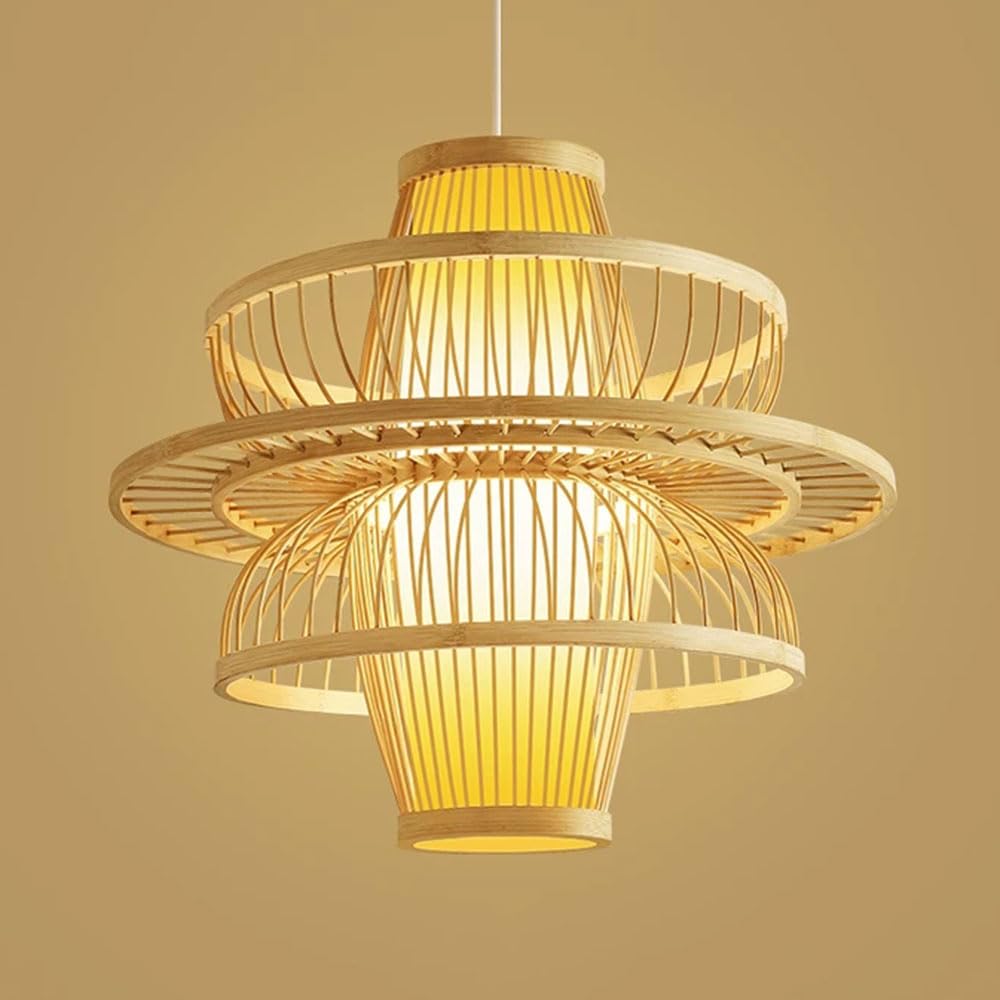 LQZCXMF 19.7" Faux Parchment Chandelier Chinese Style Multi-Layer Lantern 1-Light Boho Wicker Hanging Light Ceiling Decor Japanese Style Rattan Chandelier for Tea Room Restaurant Bar Counter