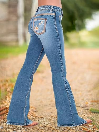 Flamingals Boot Cut Butt Lifting Mid Rise Casual Wash Floral Embroidered Split Hem Denim Pants Mid Blue 2XL3