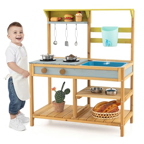 HONEY JOY Mud Kitchen, Fir Wood Outdoor Play Kitchen for Toddlers, Removable Sink, Real Water Tank with Faucet, Utensils, Pretend Play Mud Kitchen for Kids Outdoor, Gift for Boys Girls, Natural