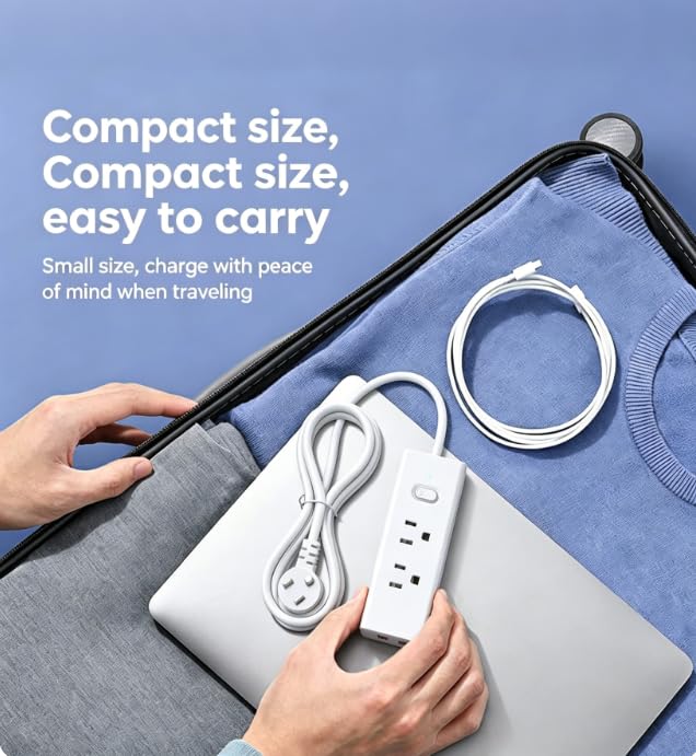 Regleta protector contra sobretensiones - Cable de extensión de 1.22 metros con 6 tomas anchas y 3 puertos USB (1 USB C), extensible para montaje en pared, enchufe plano, para viaje, hogar, oficina y dormitorio universitario, Blanco miniatura 5