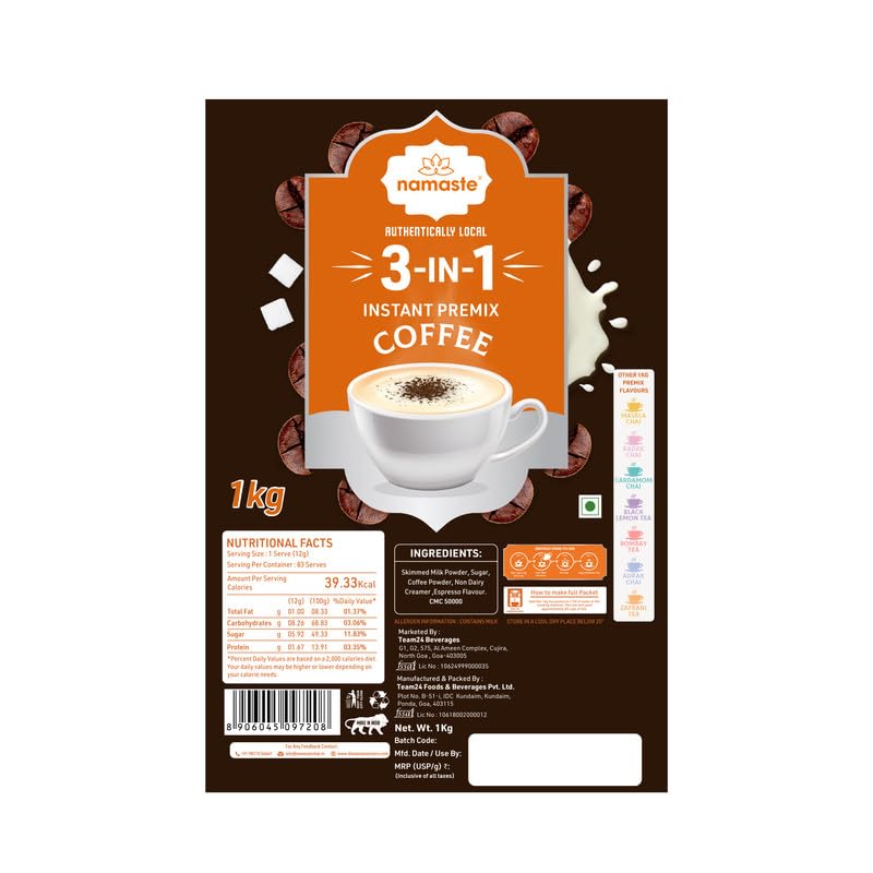 Image of Namaste Chai Instant Premix Coffee 1Kg, 3 In 1 Premix Coffee For Vending Machines, Coffee Powder Packet 1 Kg Pack