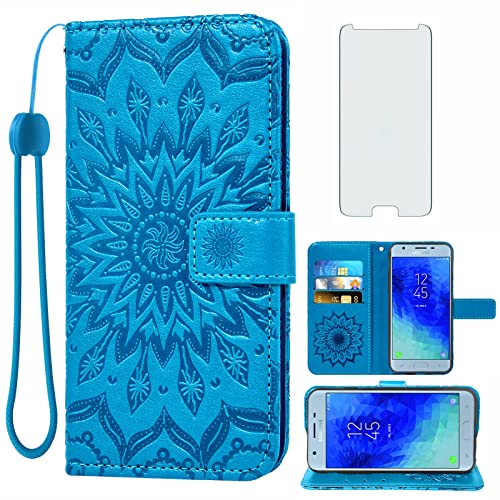 Phone Case for Samsung Galaxy J3 Orbit J 3 Star 2018 3J Achieve Wallet with Tempered Glass Screen Protector Leather Flip Cover Card Holder Stand Cell Glaxay J3V V 3rd Gen SM J337A J337V J337 Blue