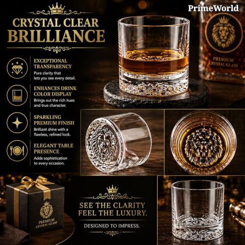 Image of PrimeWorld Lion European Crystal Whiskey Glasses Set of 6 pcs- 300 ml Bar Glass for Drinking Bourbon, Whisky, Scotch, Cocktails, Cognac- Old Fashioned Cocktail Tumblers