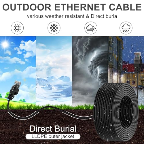 Image of Cat 6 Ethernet Cable 300 ft, 23AWG Solid CCA Copper-Clad Aluminum, PE Waterproof Outdoor, Rigid Durable Jacket for Direct Burial and Conduit Runs, Supports 10Gbps - Black