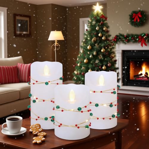 Image of Flameless Candles with Red Green Beads String Lights - Real Wax Christmas Decor Battery Operated Candles with Remote & Timer- Home Party Bedroom Holiday Valentine's Day Decorations - Set of 3