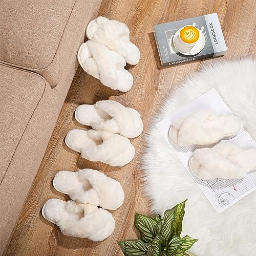 Toulite Bridesmaid Slippers Set of 6 White Fuzzy Slippers for Women Bulk Fluffy Furry Open Toe Soft House Shoes4