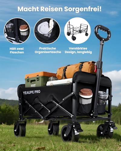 YEAUPE PRO Bollerwagen Faltbar, 125L 100KG Belastbar, All Terrain Bollerwagen mit 2 Wasserflaschentaschen und 1 Netztasche, Handwagen für Garten/Strand/Camping