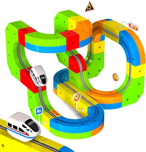 Magneverse Electric Train Set for Kids 3-10 Years Old 69Pcs 3D Racing Track with Train Traffic Signs & Bridge STEM Building Kids Toys for Boys Girls Creative Magnetic Fusion Toys Birthday Gift