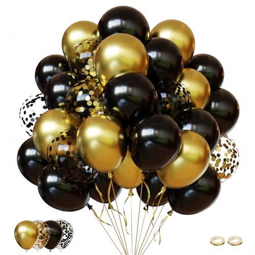 FQZYLCH Black and Gold Balloons 60pcs 12 inch Latex Balloons-Metallic Gold Balloons & Black Confetti Balloon Pack for Birthday Wedding New Years Eve Gratuation Eid Mubarak Decorations