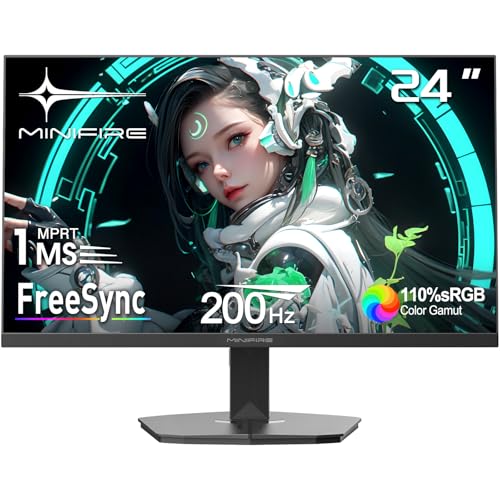 Minifire Gaming Monitor 24 Zoll, 200 Hz, 1ms, FreeSync, Full HD(1920 x 1080), Rahmenlos Bildschirm, Einstellbar, 300Nits, sRGB 110%, HDMI 2.0&DP 1.4-(MFG24F4H)