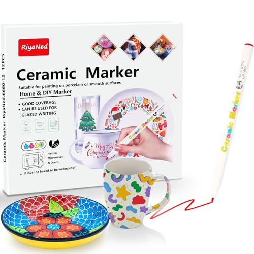 RiyaNed Acrilicos Rotulador de porcelana, Rotuladores lettering，resistente al agua, apto para lavavajillas, 12 colores, adecuado para dibujar patrones y creaciones de diseño en diferentes porcelanas.