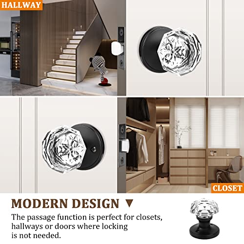 Orger 10 Pack Passage Crystal Door Knobs, Keyless Non-Locking Interior Door Handles For Hallway And Closet, Heavy Duty Glass Knob With Flat Black Zinc Alloy Rosette #TOP1