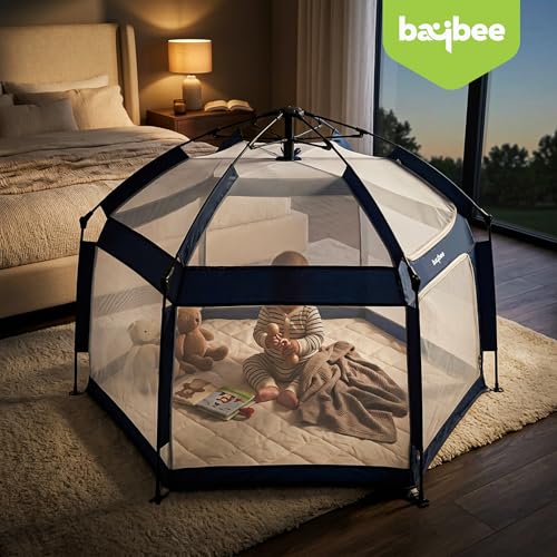 Image of Baybee 140 x 110 Cm JoyNest Kids Playpen for Babies Up to 5 Years | Foldable Playard for Babies with Mosquito Protection & Zipper Lock | Baby Indoor & Outdoor Play Area Setup with Hexagon shape for Extra Space (Blue)