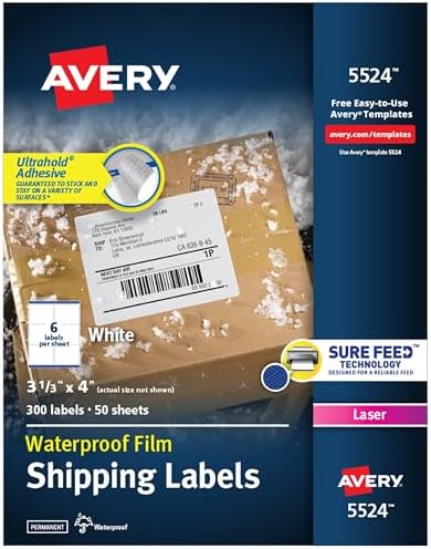 Avery Waterproof Printable Shipping Labels with Sure Feed, 3-1/3" x 4", White, 300 Blank Mailing Labels (5524)