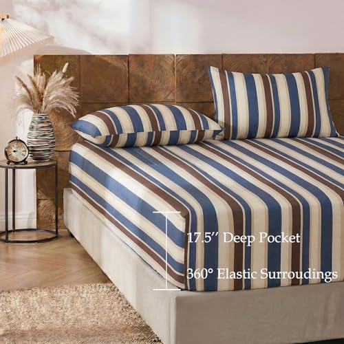 Image of Merryword Blue Cabana Striped Sheet Set King Size - 100% Cotton Striped Bedding 4 Pieces, Soft Breathable Percale Weave, 17.5 inch Deep Pocket, Luxury Linen Like, All Season Comfort