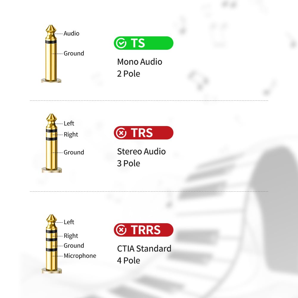 RCA hembra a 1/4 pulgadas 6.35 mm TS macho mono adaptador de cobre sólido chapado en oro, paquete de 2