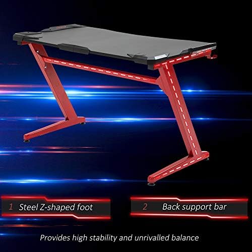 HOMCOM Gaming Desk, Ergonomic Home Office Desk, Gamer Workstation Racing Table, with Headphone Hook and Cup Holder, 122 x 66 x 86cm, Black and Red