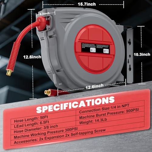 3/8\" Retractable Air Hose Reel,6.5Ft Hybrid Hose, UP 300 PSI Max Pressure, Air Compressor Hose Reel Tool Auto Rewind with 180° Swivel Mounting Kit for Garage, Workshop Ceiling/Wall Mount