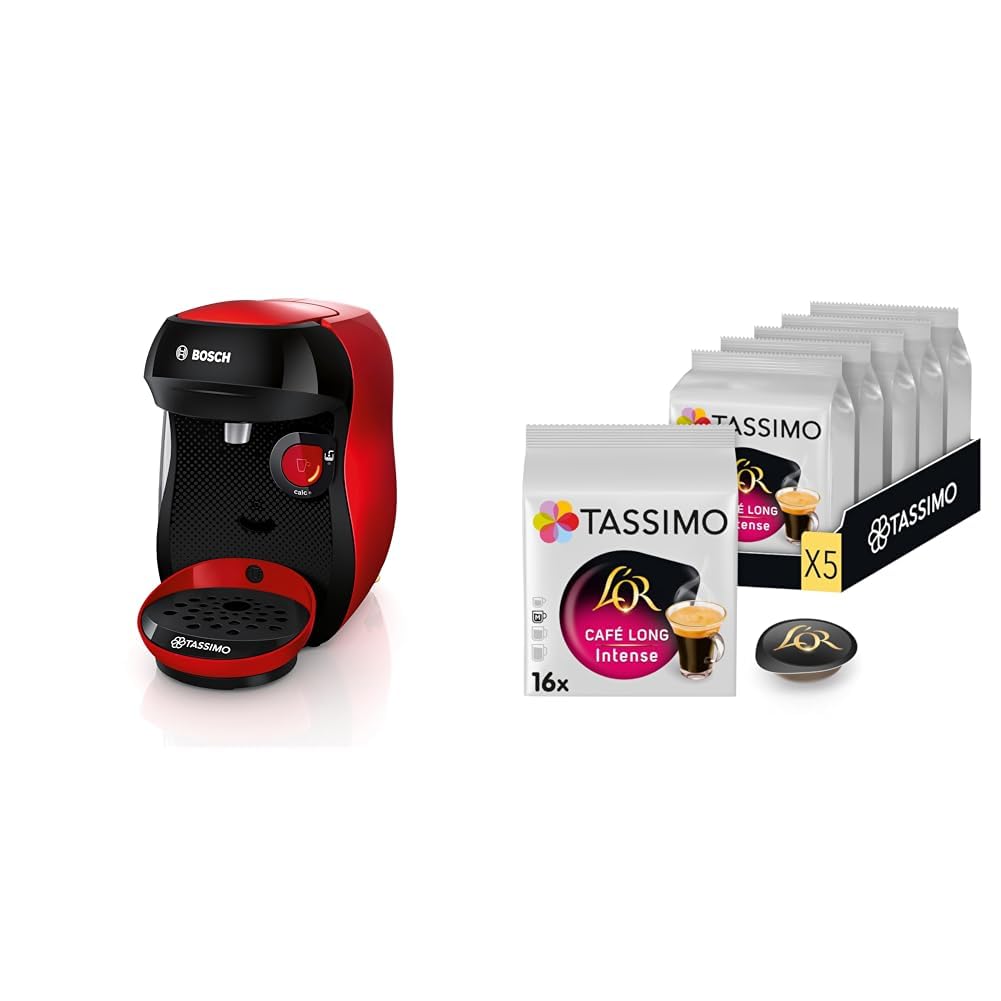 Bosch Machine à café Tassimo Happy rouge et Tassimo Café Long Intense 80 dosettes